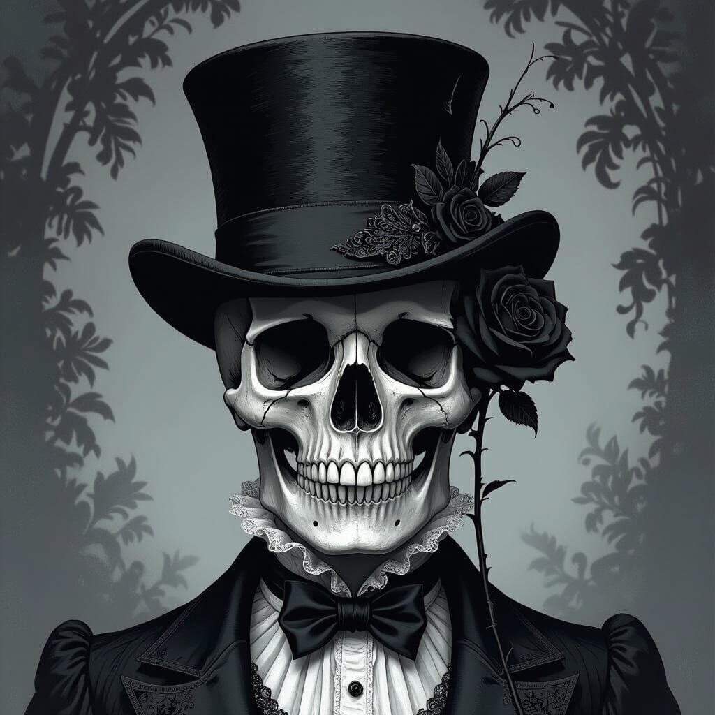 Skull in Top Hat with Rose, Film Noir Style