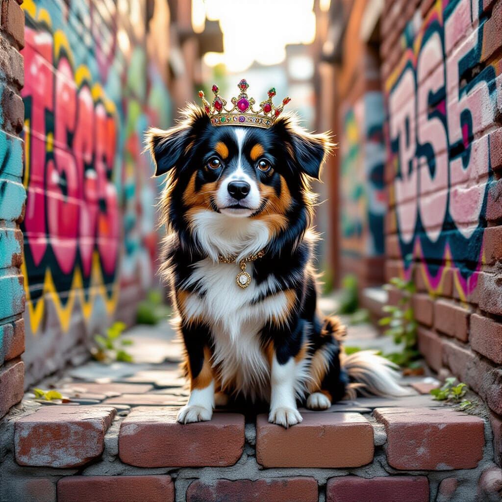 Whimsical Dog with Crown in Graffiti Alleyway Digital Painti...