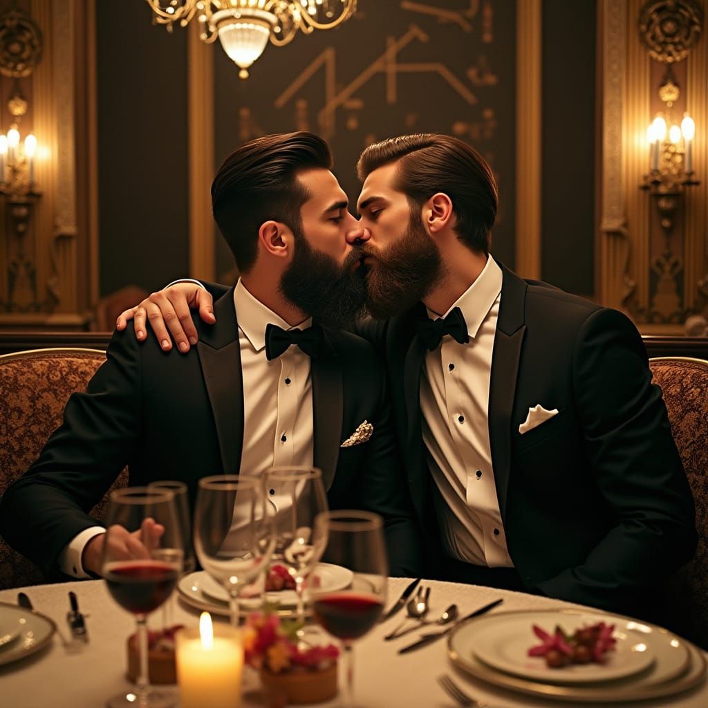 Elegant Art Deco Gay Men Share a Romantic Kiss at Dinner