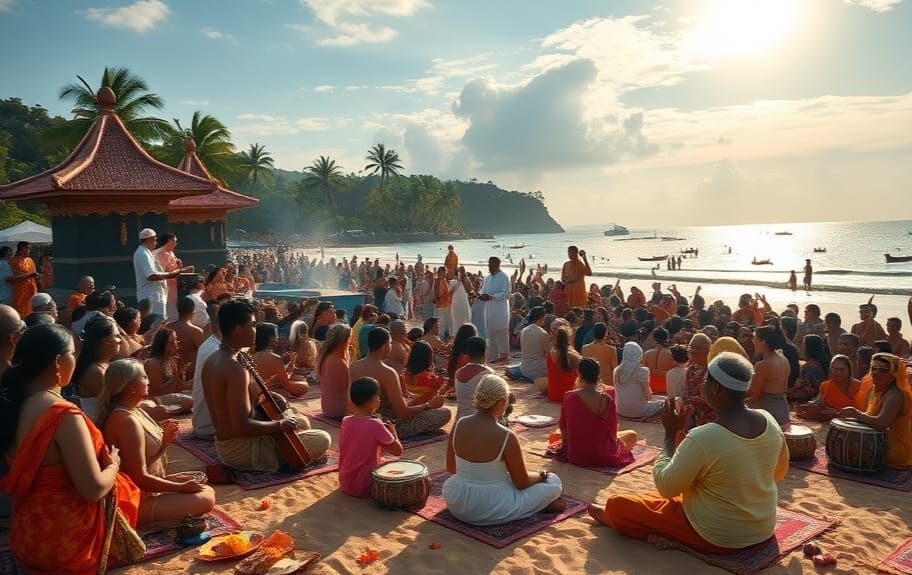 Sacred Kirtan Party on Bali Beach in Psychedelic Fantasy Sty...