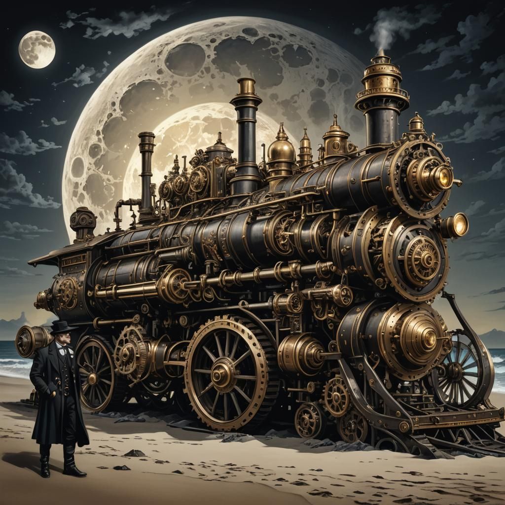 Steampunk Engine on Moonlit Beach: Sci-Fi Artwork