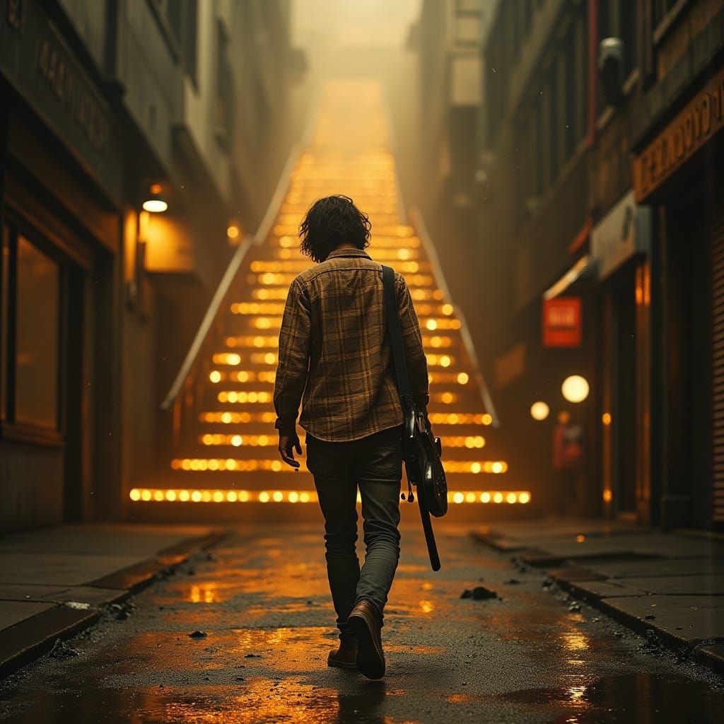Moody Musician Strolls Down Rainy Seattle Street in Dark Oil...