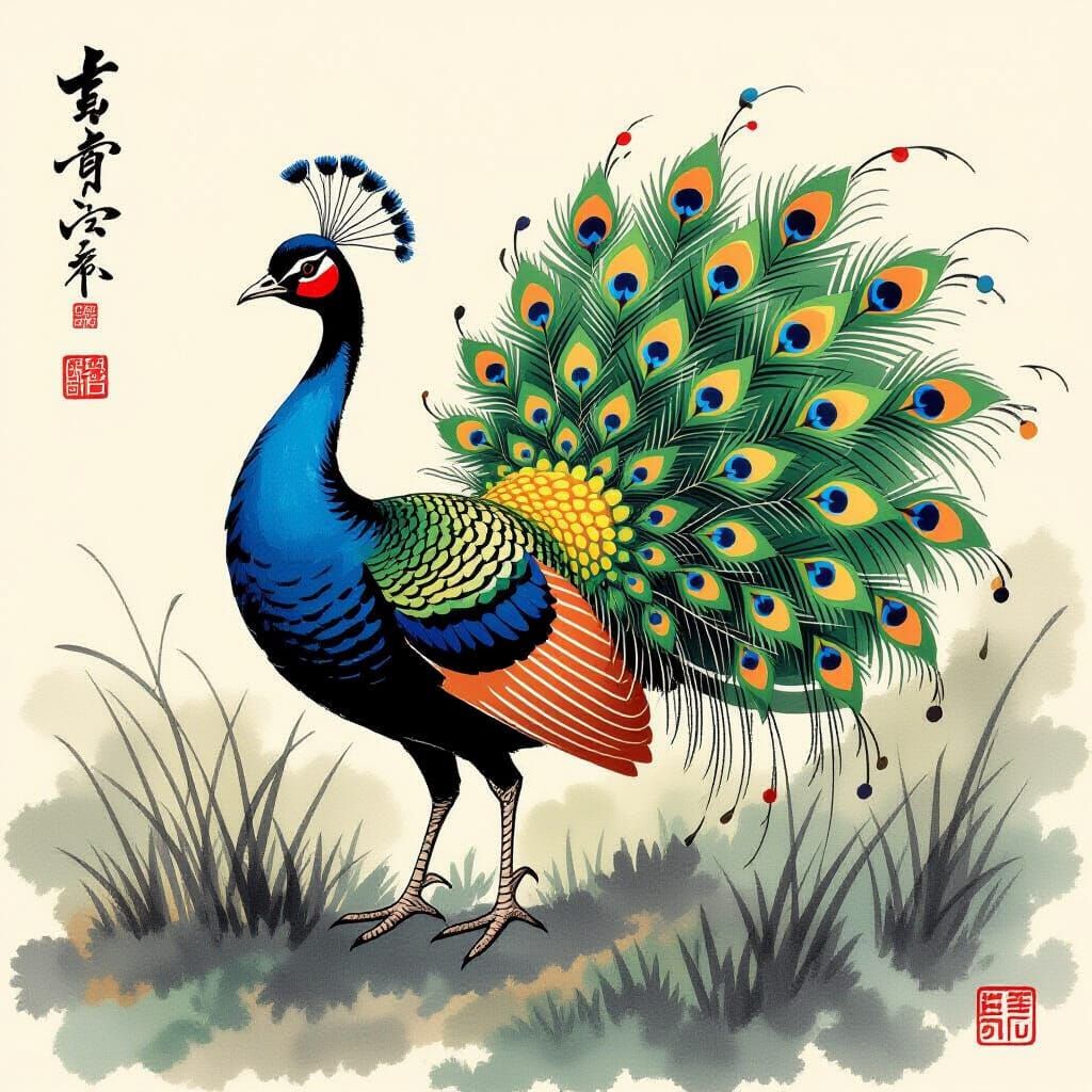 Peacock in Chinese Ink Painting Style