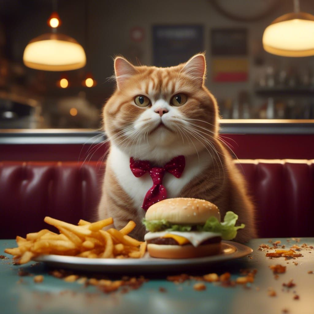 Fat Cat Eats Cheeseburger, Professional Portrait