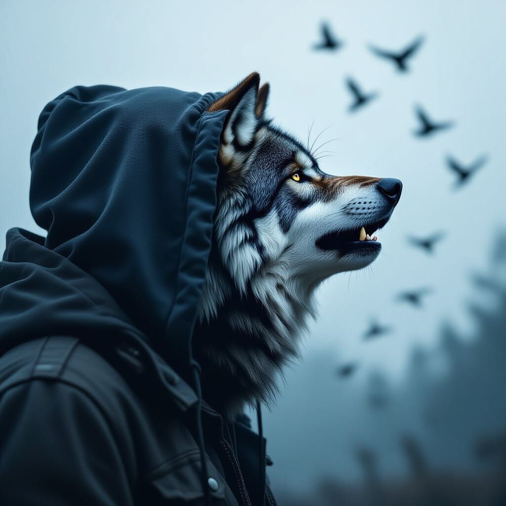 Hooded Figure with Howling Wolf in Cinematic Style