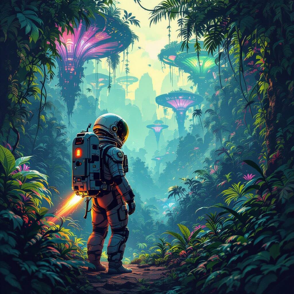 Astronaut Explores Alien Jungle with Bioluminescent Flora
