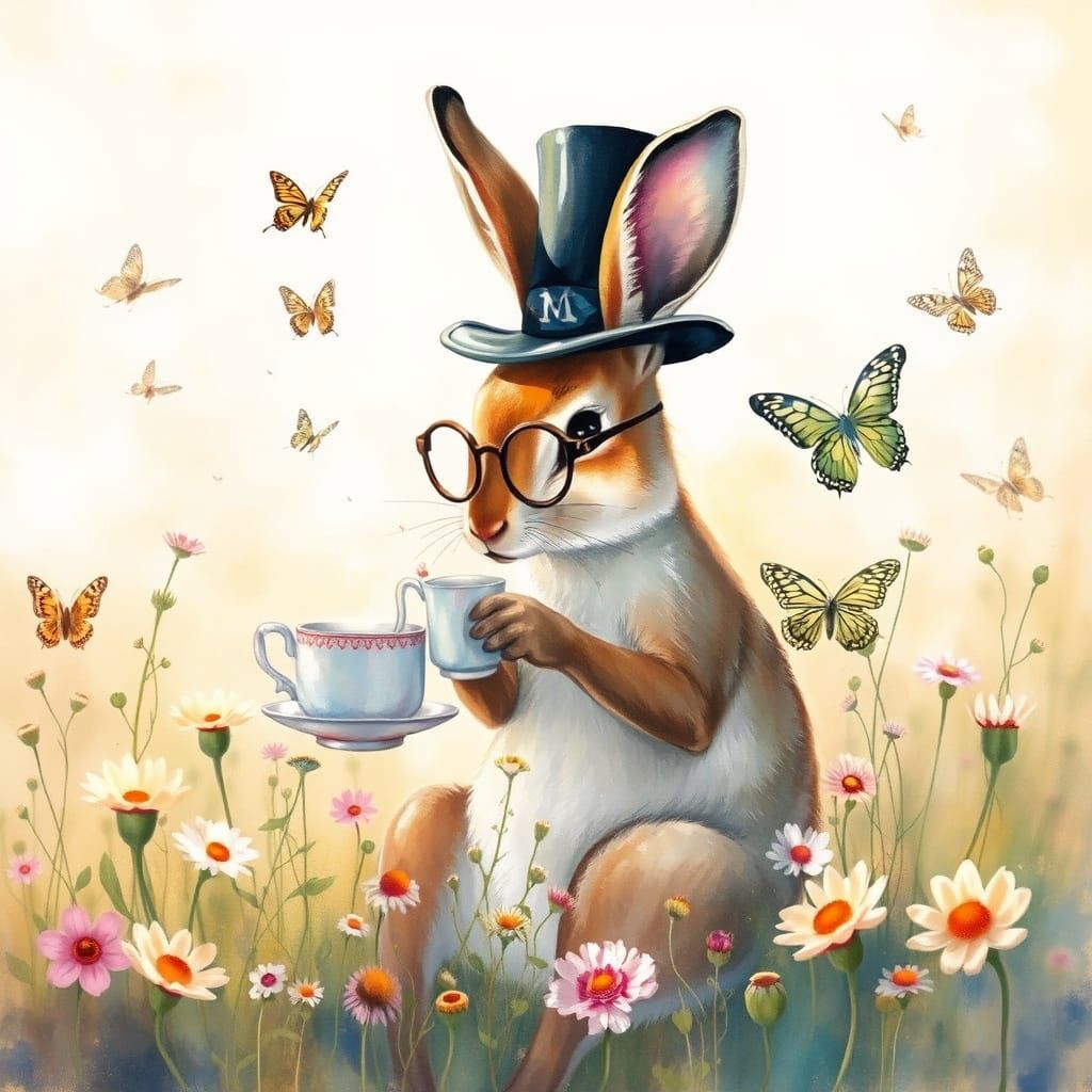 Jackalope Sipping Tea in Watercolor Wildflower Field