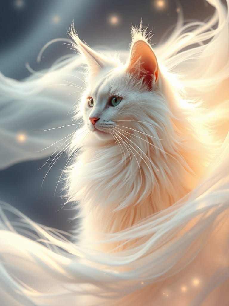 Ethereal Feline with Shimmering Fur in Cosmic Wind