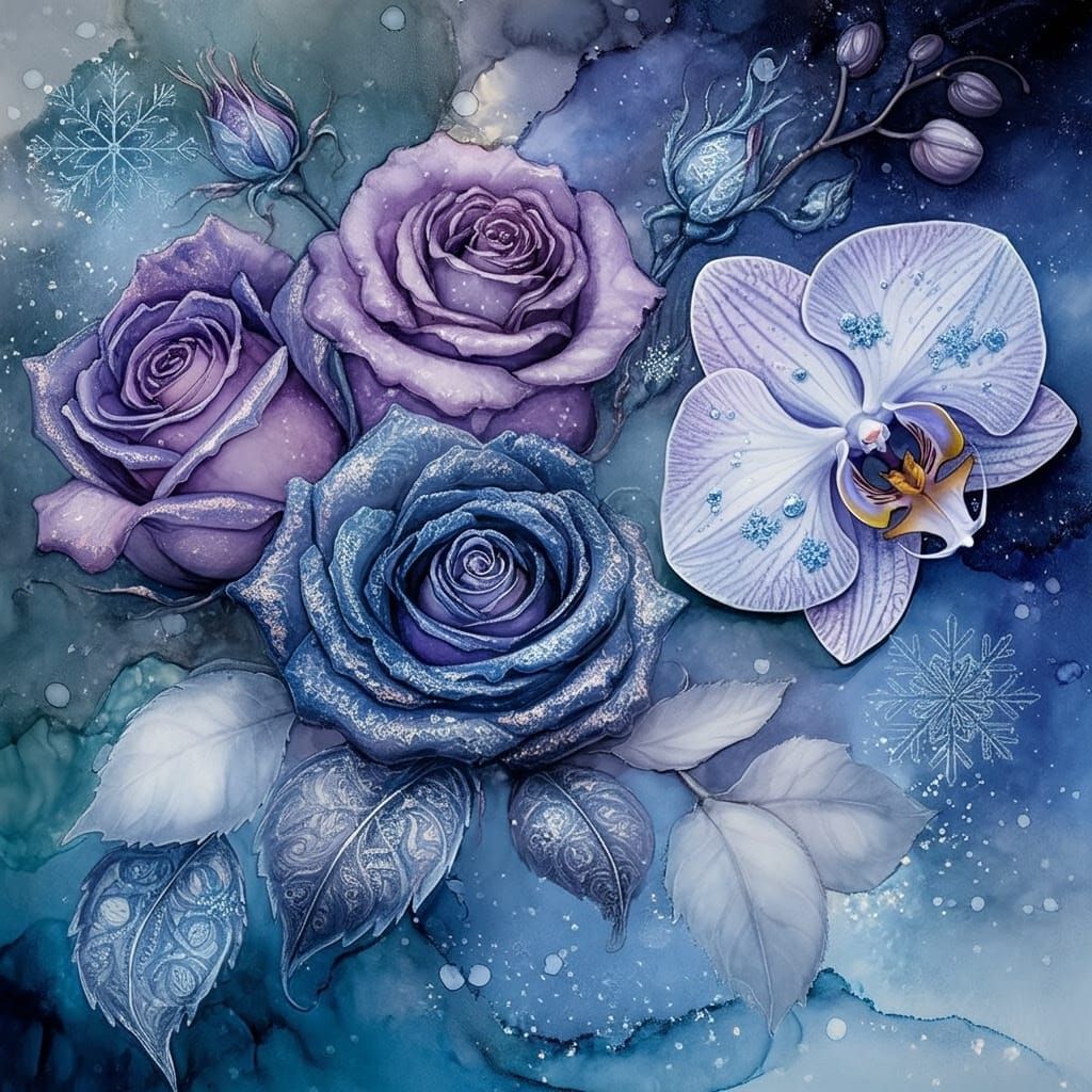 Whimsical Snowy Winter Scene in Magical Fantasy Style