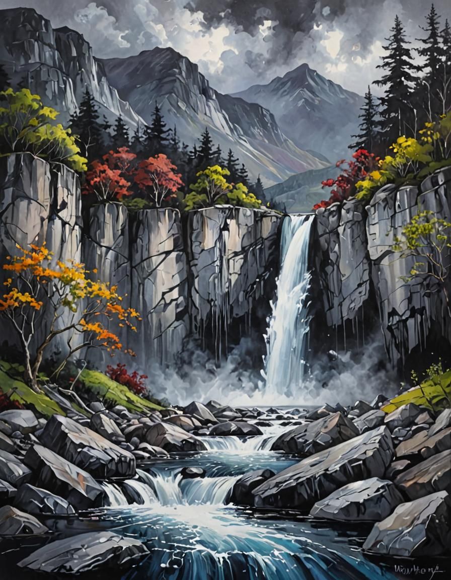 Mountain Waterfall: Vibrant Oil Painting with Silver Ink