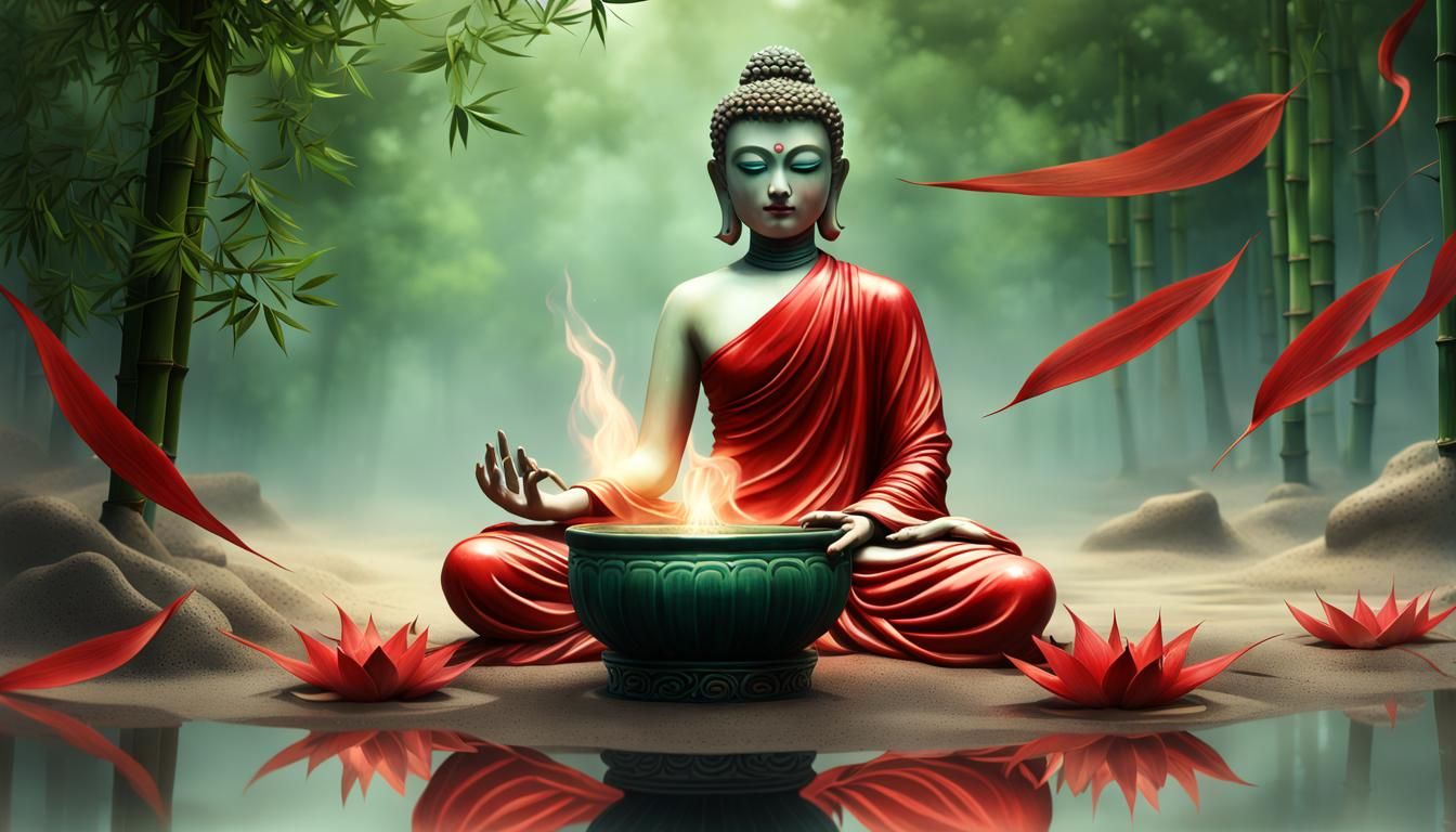 Mystical Shrine in Red Mist with Terracotta Figurines