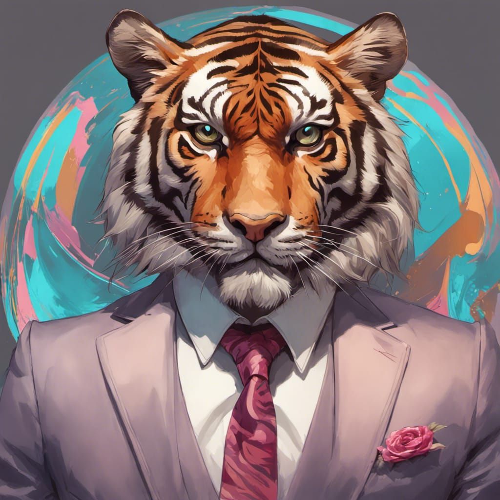 Hyperdetailed Tiger Portrait in Suit and Flip Flops