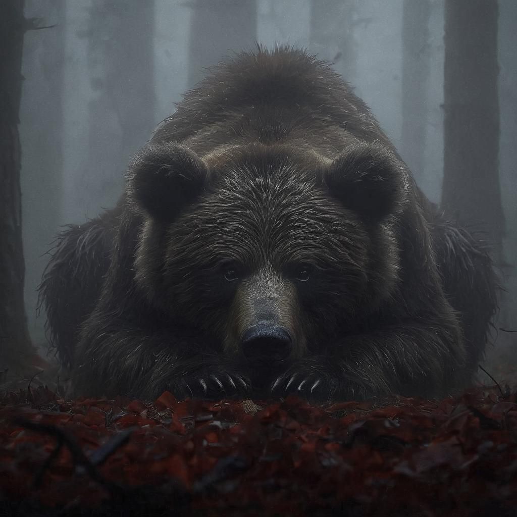 Kodiak Bear Peering from Shadows in Foggy Darkness