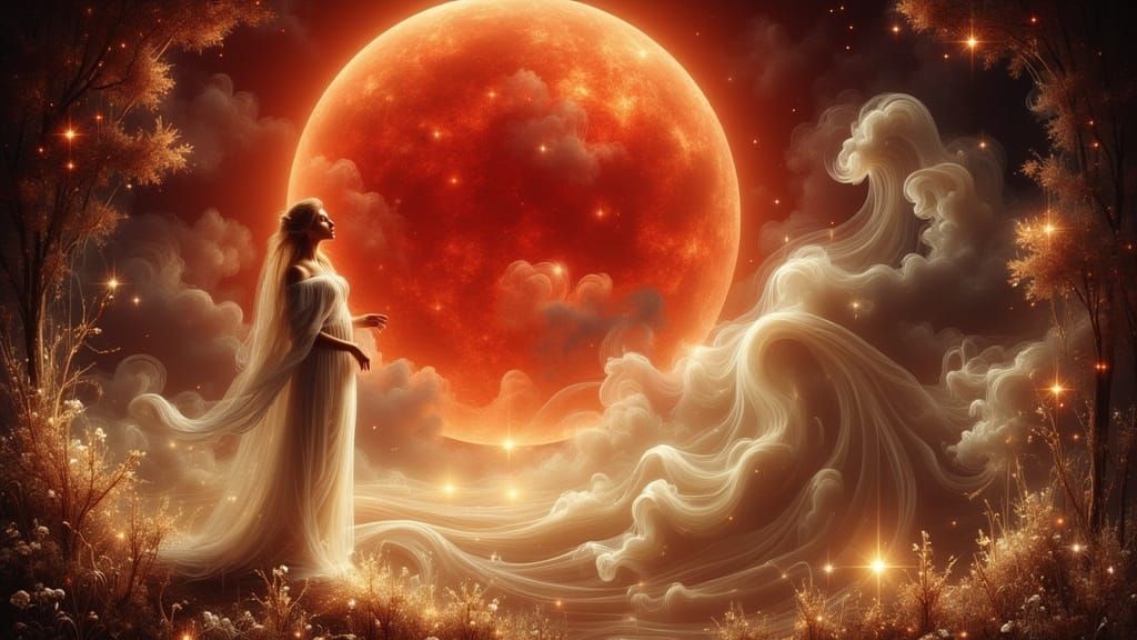 Goddess Under Crimson Moon in Ethereal Digital Art