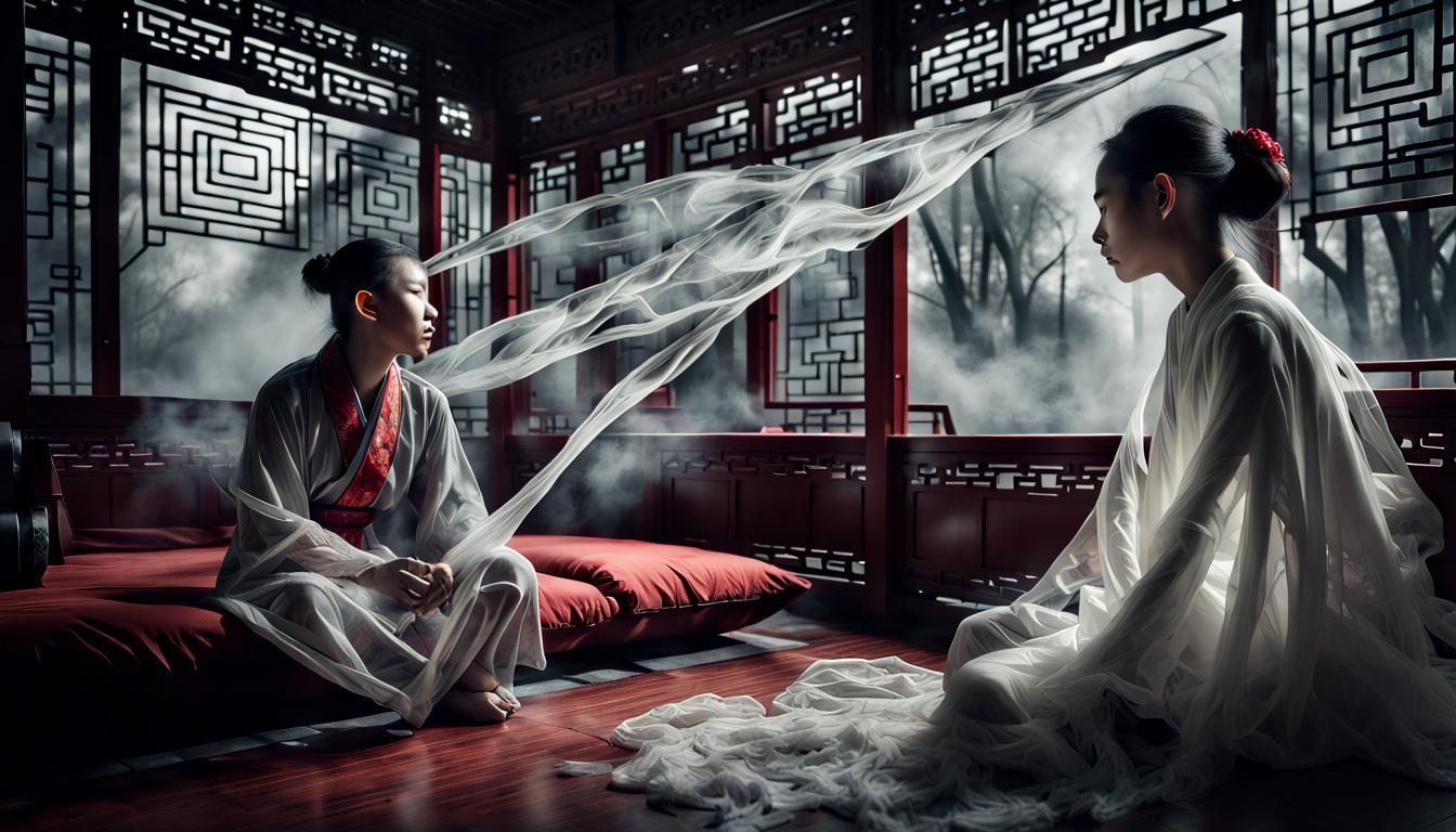 Ethereal Red Figure in Atmospheric Gray Environment