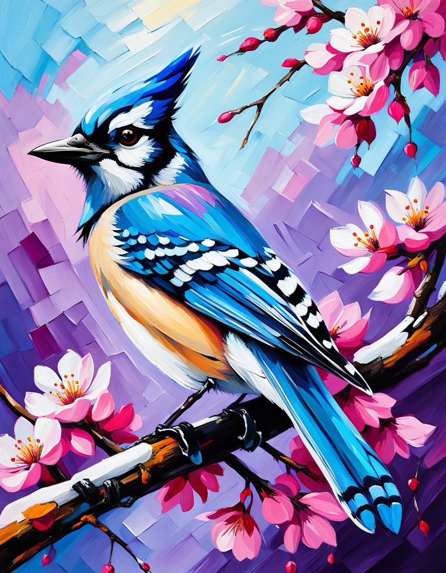 Blue Jay in Cherry Tree, Expressionist Oil Painting