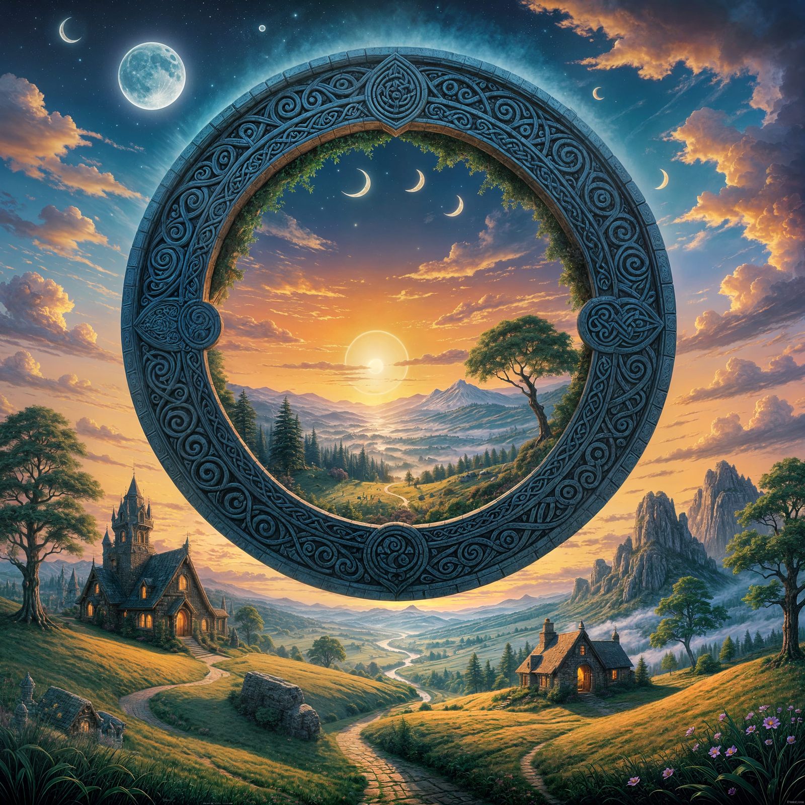 Celtic Moon with Tribal Carvings in Sunset Sky