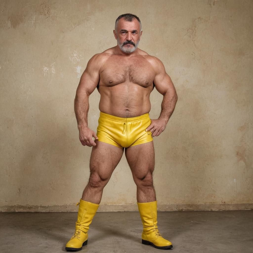 Albanian Wrestler Poses Defiantly in Yellow Trunks