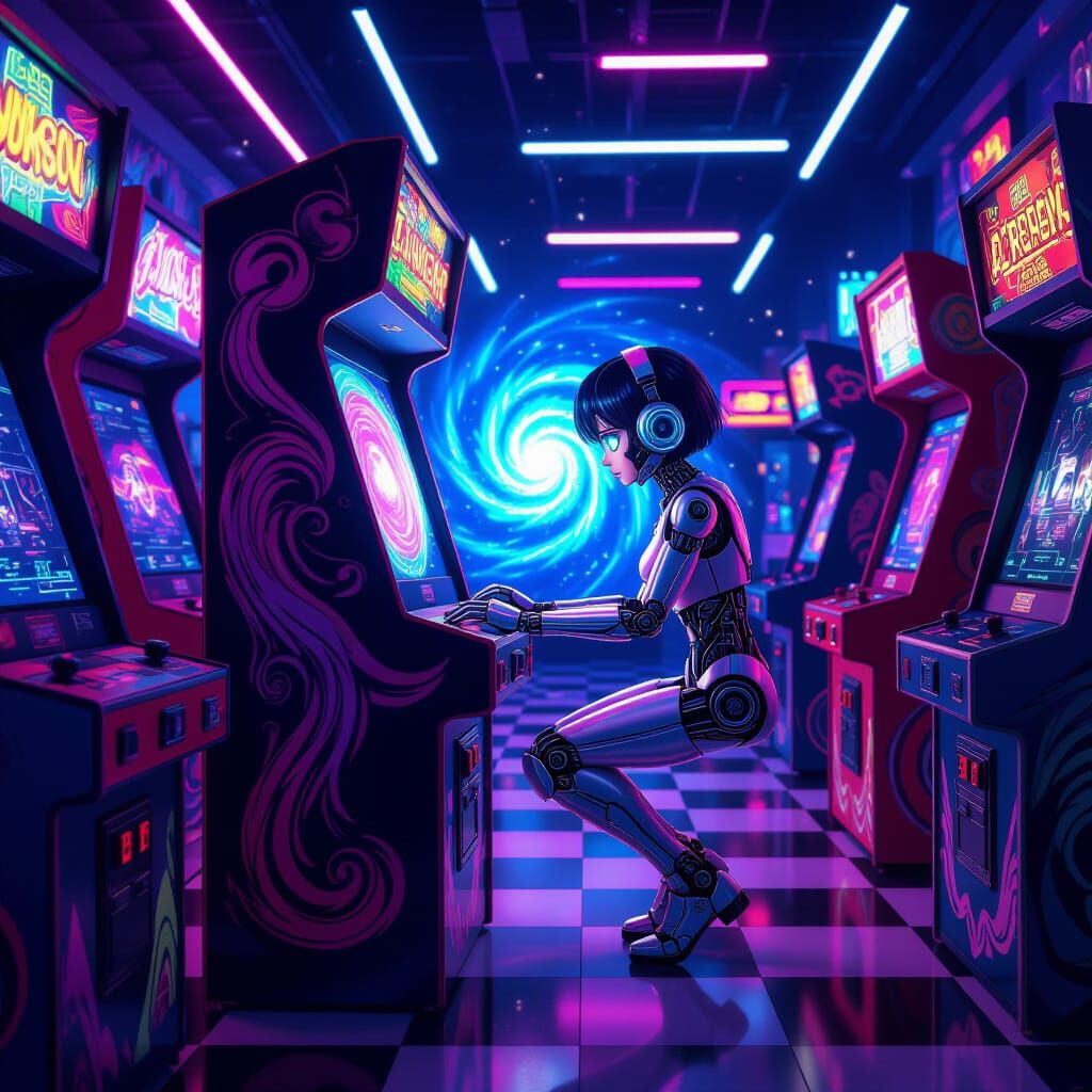 Cyborg Girl Explores Galactic Vortex in Neon Arcade