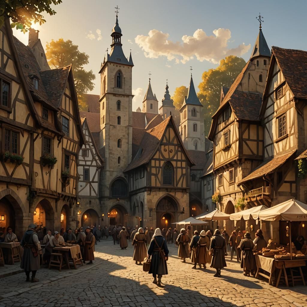 Medieval Village in Golden Light, Old Master Style