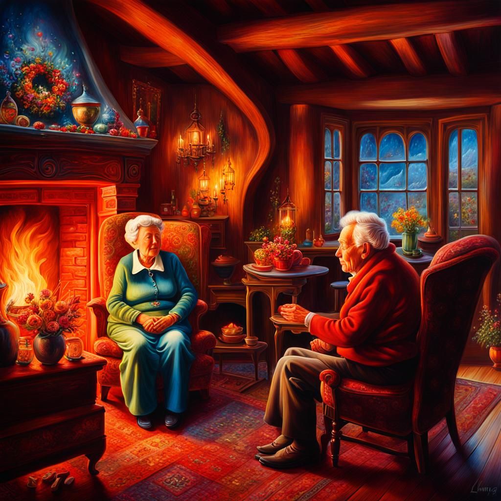 Elderly Couple at Fireplace as Oil Painting