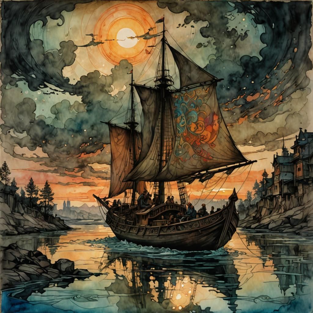 Ominous Sunset River Boat in Color Print Art Style