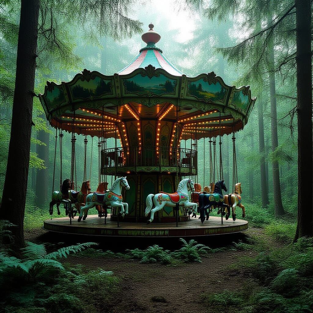 Decaying Carousel Reclaimed by Nature in Forest