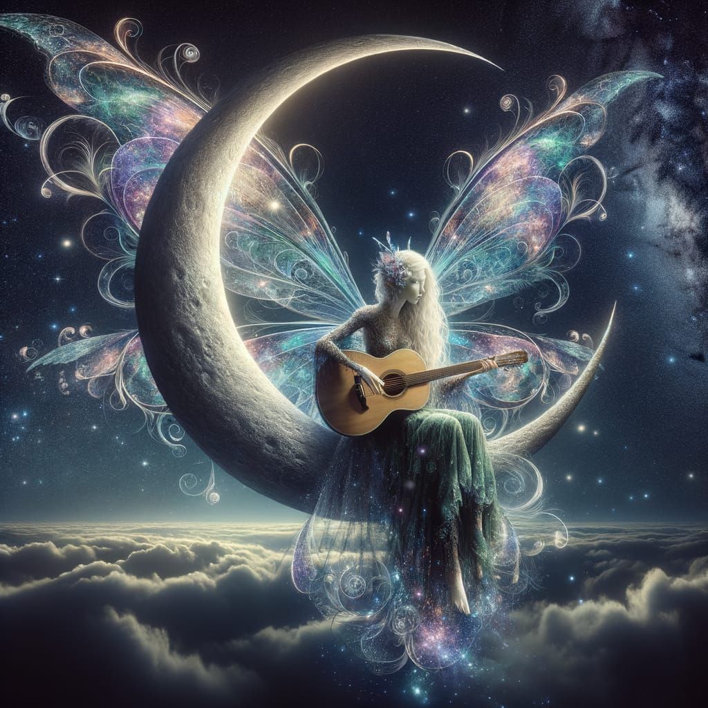 Spectral Fairy Plays Guitar on Crescent Moon