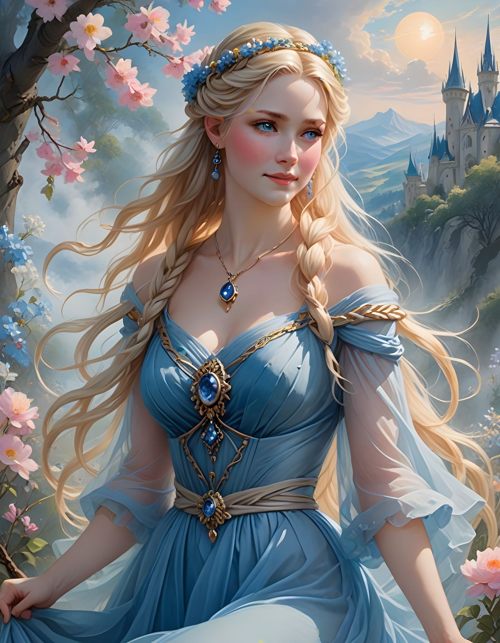 Radiant Norse Goddess in Ethereal Light Blue Gown