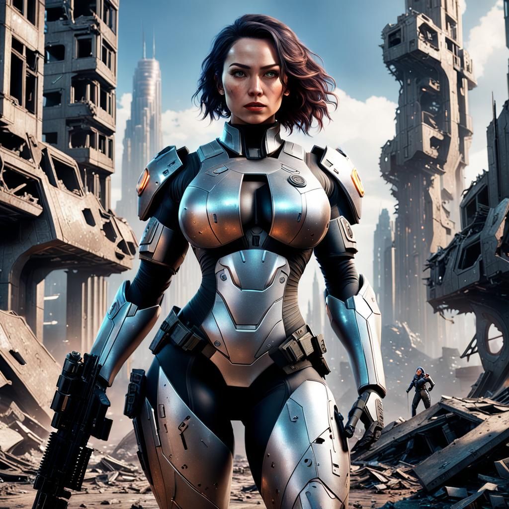 Cyberpunk Girl with Blaster in Ruined City