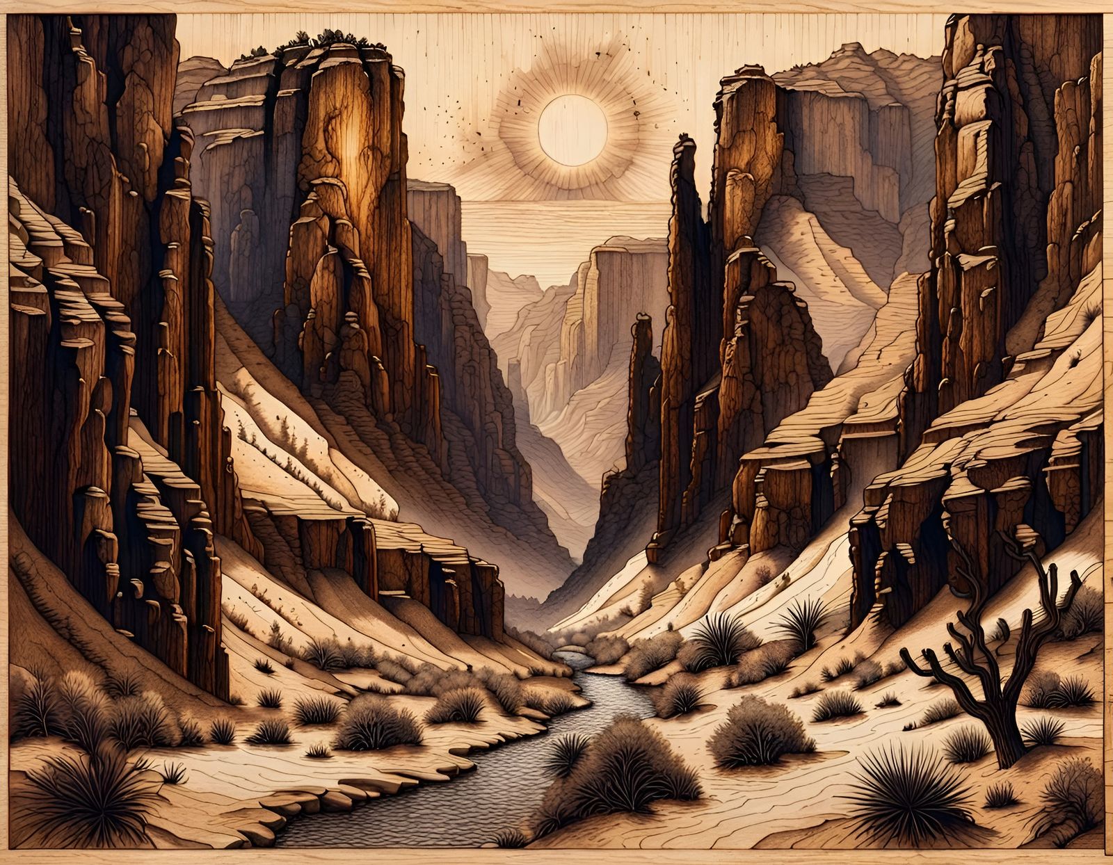 An elaborately detailed wood burnt etching depiction of a desert canyon by Thomas Kincaid and Rorschach