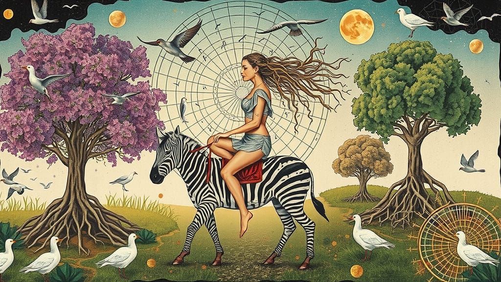 Goddess of Living World Rides Zebra Through Cosmic Surrealis...