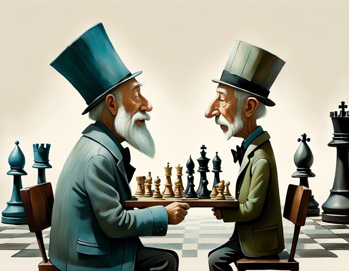 Old Men Playing Chess in Whimsical Surreal Style