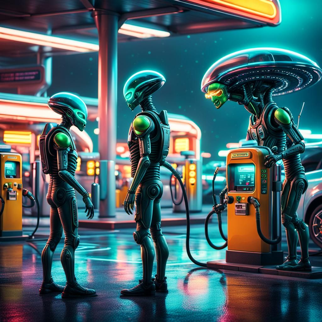 Aliens Refueling at Neon Gas Station: Sci-Fi Digital Art