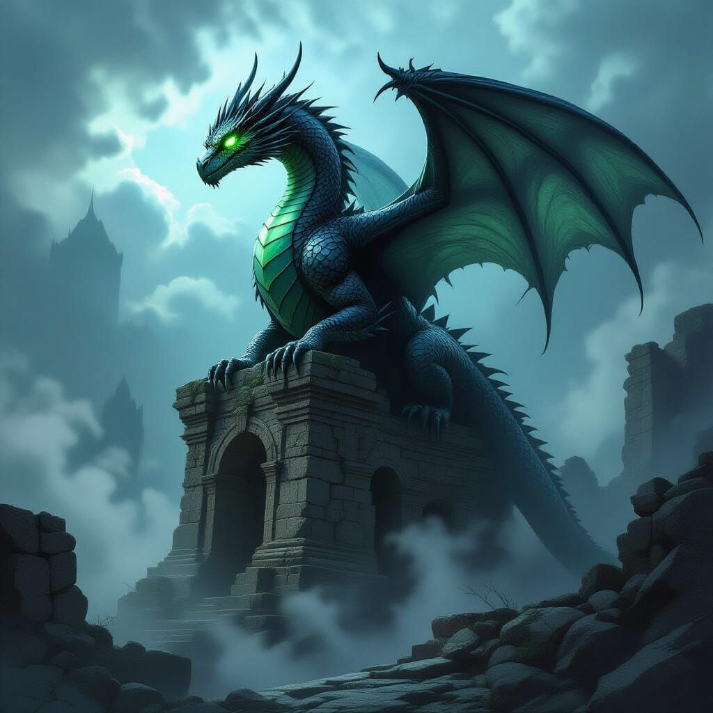 Majestic Dragon on Ancient Ruin Dark Fantasy Art