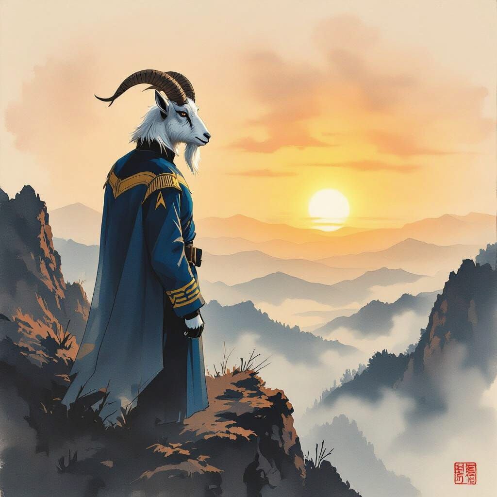 Boer Goat Star Trek Officer in Sumi-e Style