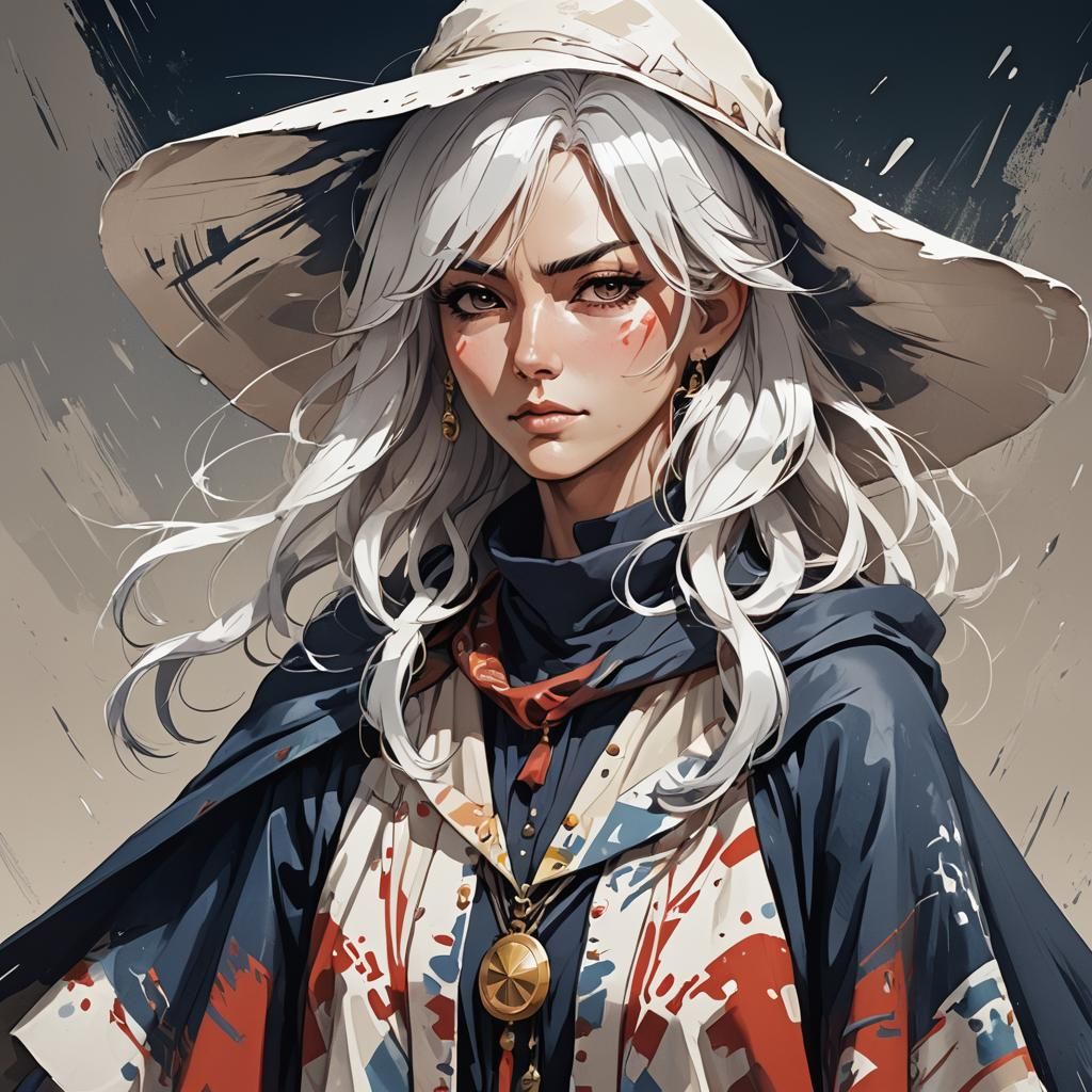 Anime Portrait of Cowboy Woman with Poncho
