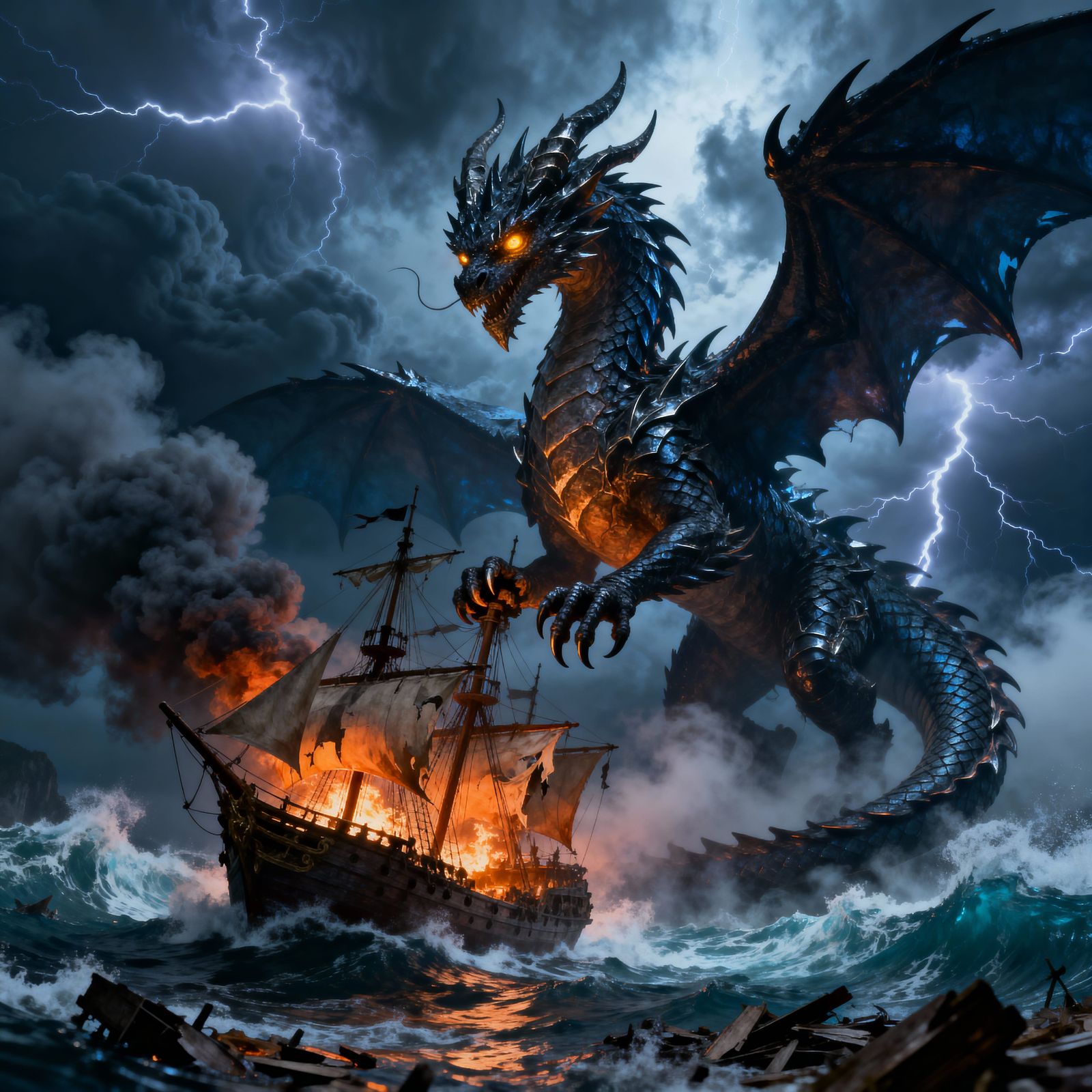 Sea Dragon Attacks Burning Ship in Dramatic Storm