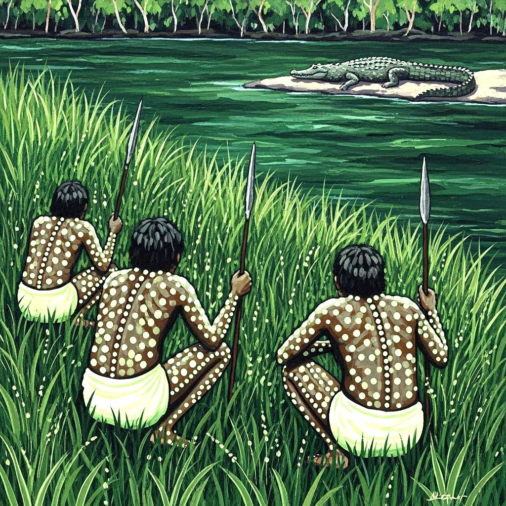 Aboriginal Hunters in Australian Bush Gouache Painting
