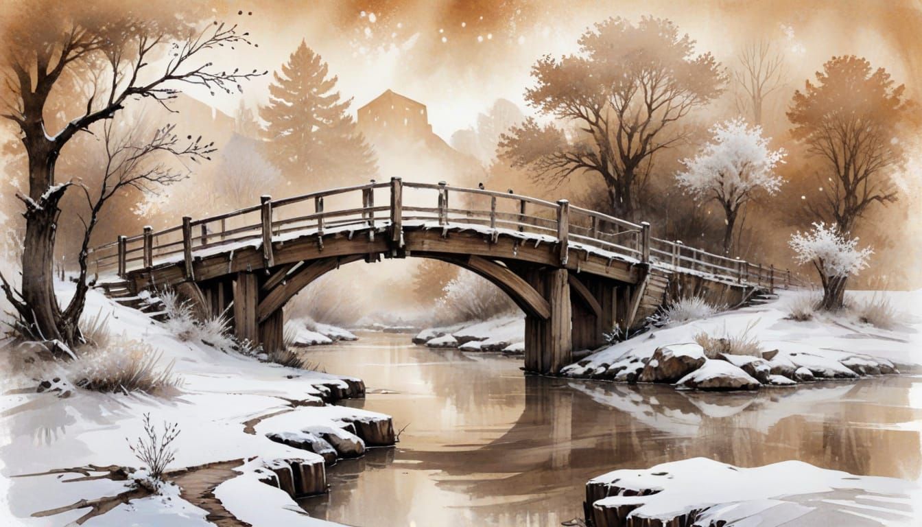 Rustic Sketch of an Old Bridge with Frosty Details