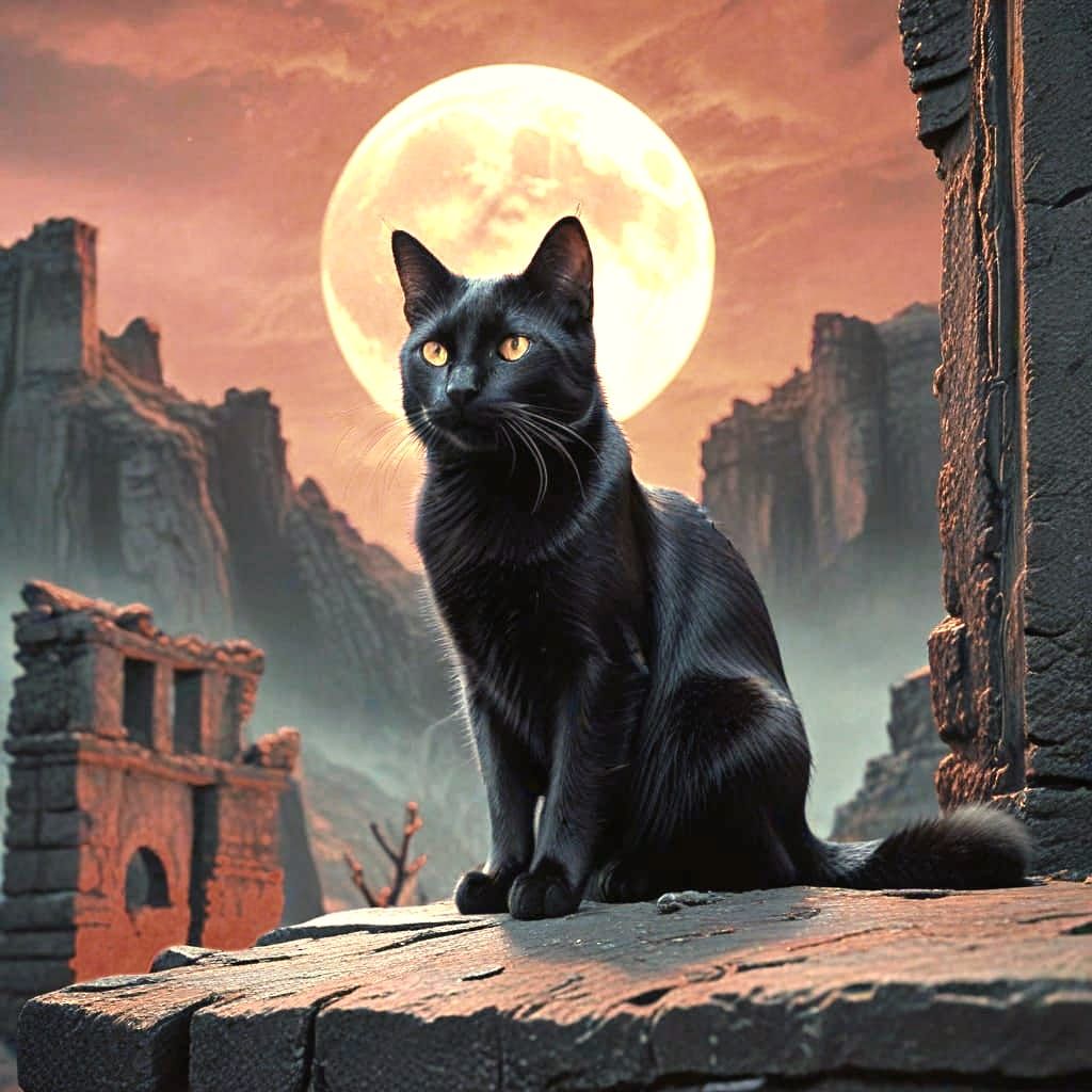 Black Cat Under Blood Moon in Dark Fantasy Landscape