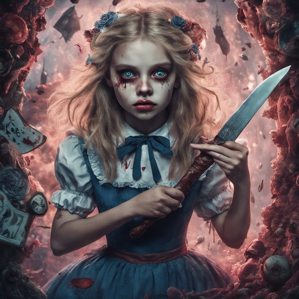 Horror Alice with Knife: Detailed Matte Painting