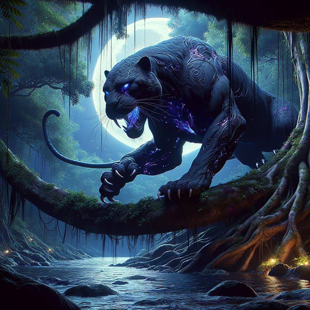 Moonlit Jungle Beast in Art Nouveau Style