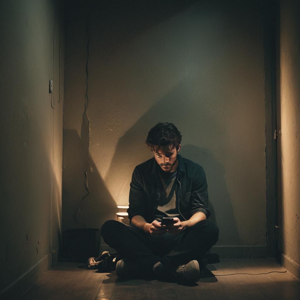 Melancholic Man in Dark Corner, Cinematic Still