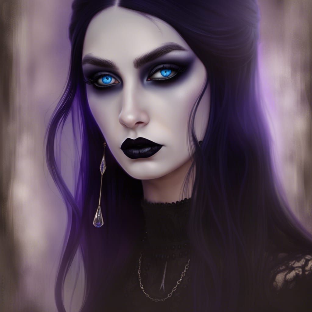 Uncanny ethereal Gothic Wiccan priestess with long flowing black hair& Beautiful crystal blue eyes& wearing smoky black ...