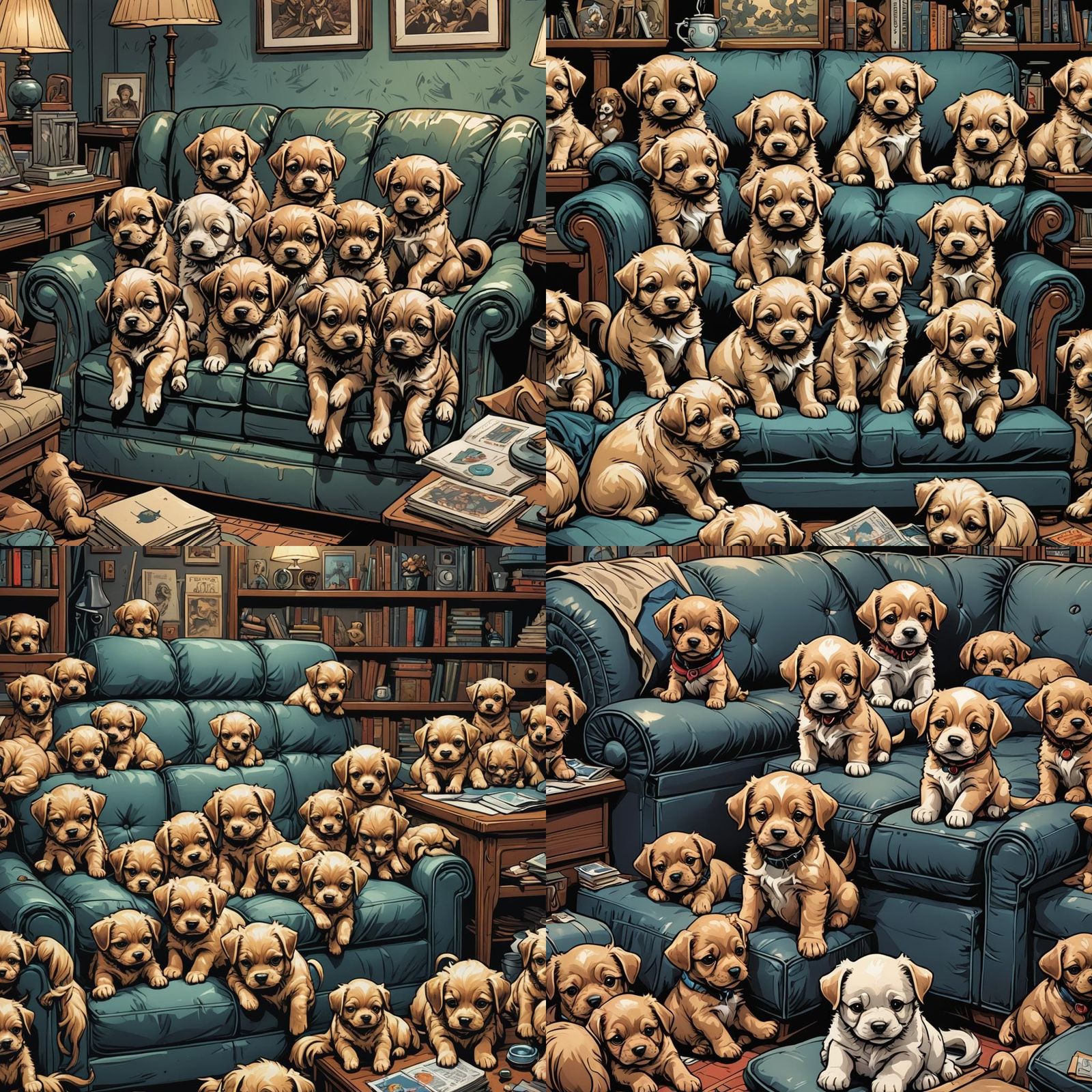 Tiny Puppies on Sofa in Comic Book Art