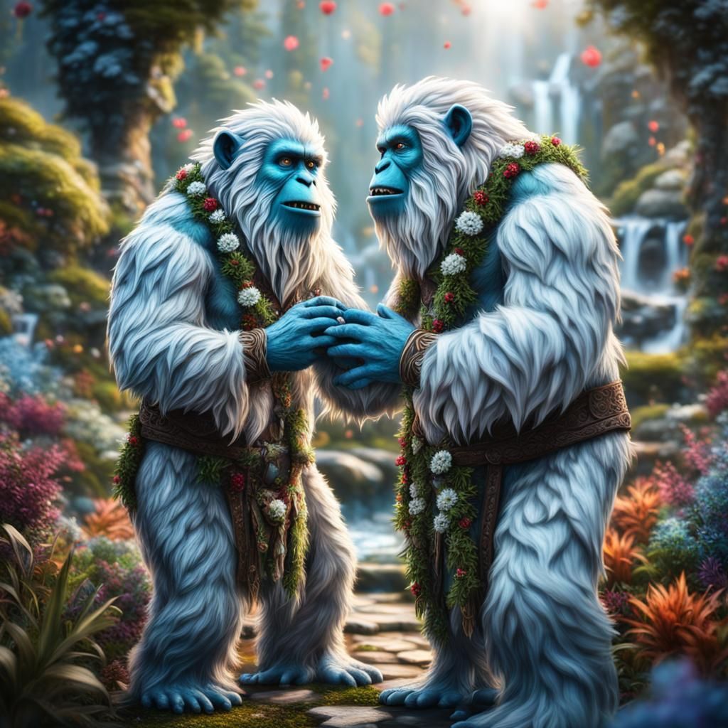 Yeti Wedding in Fantasy Garden, Hyperrealistic 8K