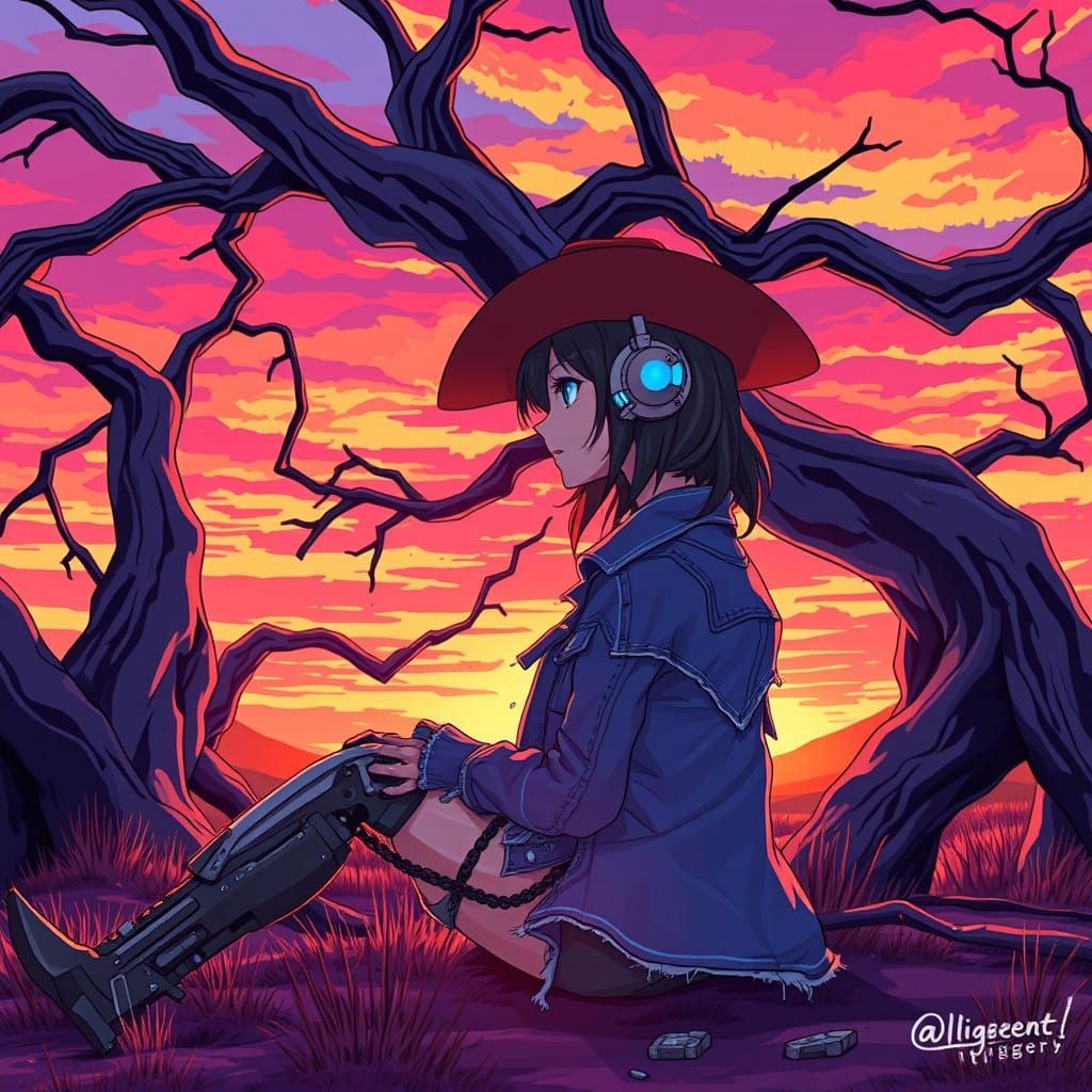 Cybernetic Cowgirl Contemplates Sunset in a Vibrant, Cel-Sha...