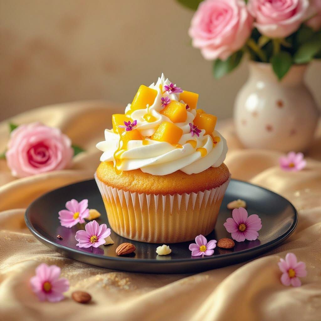 Delicious Mango Cupcake with Floral Decorations