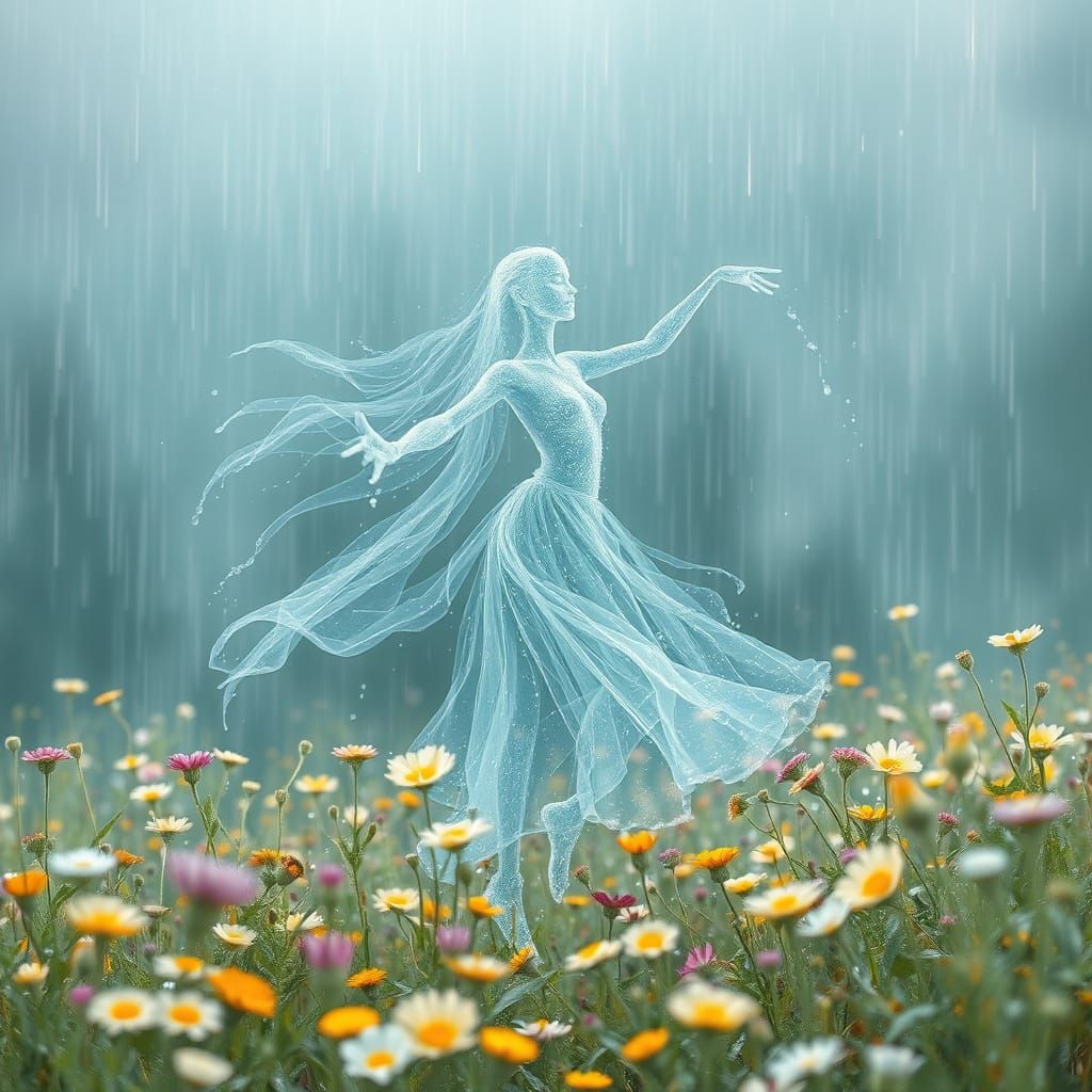Ethereal Rain Spirit Dances in a Luminous Flower Field